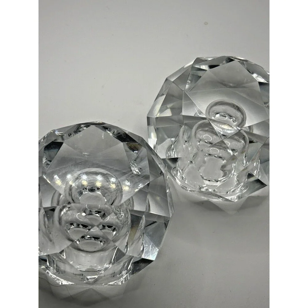 Vintage Crystal Faceted Candlestick Holders (2) Made In Japan Hollywood Glamour
